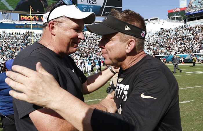 Oct 13, 2019; Former Jacksonville Jaguars coach Doug Marrone (left) and New Orleans Saints coach Sean Payton meet after a game. Mandatory Credit: Reinhold Matay-USA TODAY